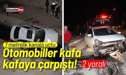 Otomobiller kafa kafaya çarpıştı! 7 metrelik kanala uçtu