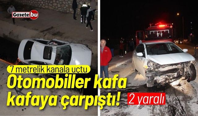 Otomobiller kafa kafaya çarpıştı! 7 metrelik kanala uçtu