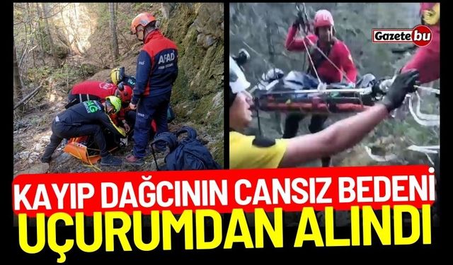 Kayıp dağcının cansız bedeni uçurumdan helikopterle alındı