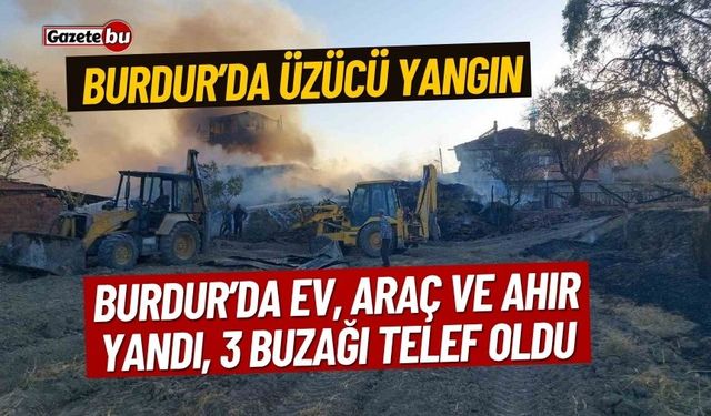 Burdur'da ev, araç ve ahır yandı, 3 buzağı telef oldu