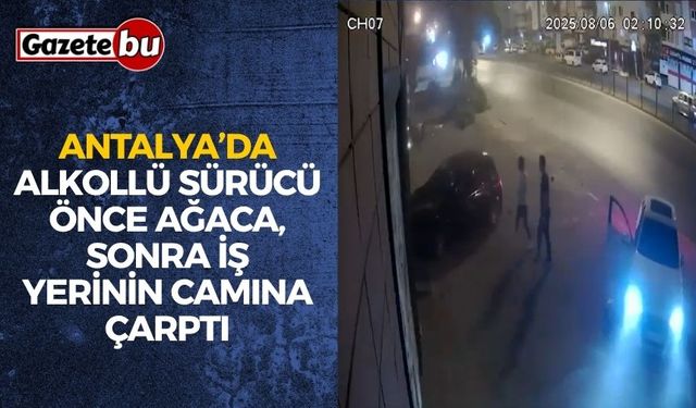 Antalya’da alkollü sürücü önce ağaca, sonra iş yerinin camına çarptı