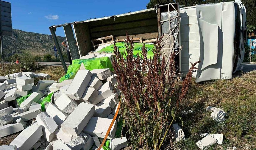 Burdur'da gazbeton yüklü kamyonet şarampole devrildi