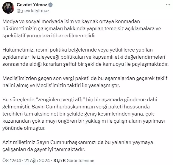 Cevdet Yılmaz: Zenginlere Vergi Affı Gündemde Yok