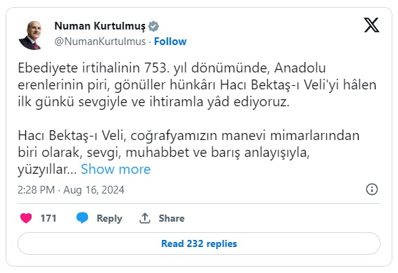 Tbmm Başkanı Numan Kurtulmuş, Anadolu'nun Manevi Önderlerinden Hacı Bektaş