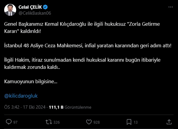 Kemal Kılıçdaroğlu’na Zorla Getirilme Kararı İptal Edildi