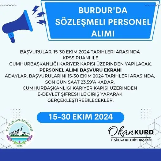 Burdur Yeşilova Belediyesi Sözleşmeli Personel Alımı Başladı