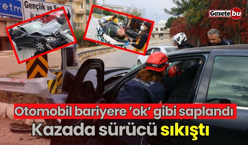 Otomobil Bariyere ’Ok’ Gibi Saplandı Kazada Sürücü Sıkıştı 1